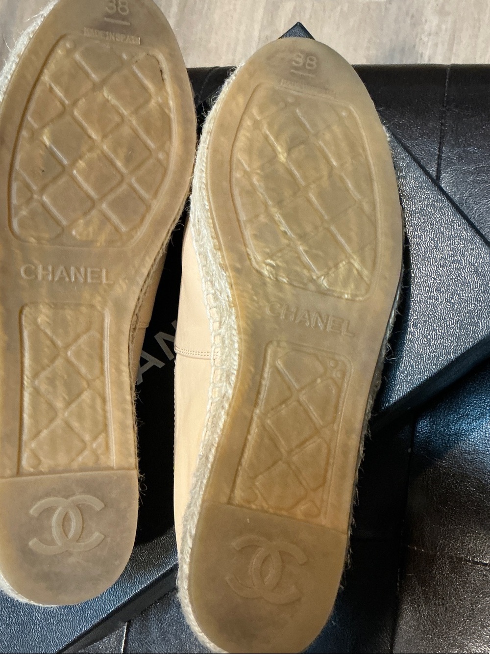 CHANEL Beige and Black Lambskin Leather Espadrilles - Picture 8 of 9